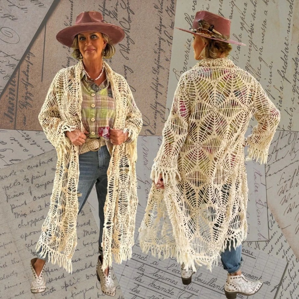Jaded Gypsy Star Dreamer Duster Cream Crochet Fringe Maxi Cardigan One Size NEW